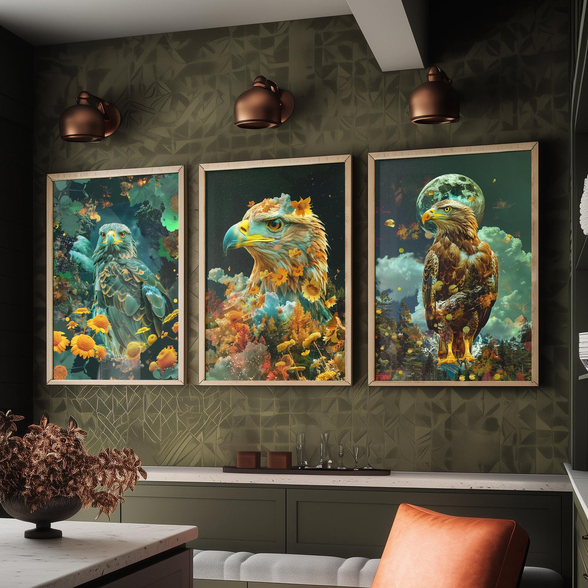 Eagle Set of Three Art Prints - 3 Double Exposure Bird Posters - Surreal Floral Sky Nature Wall Art Gift Painting Decor