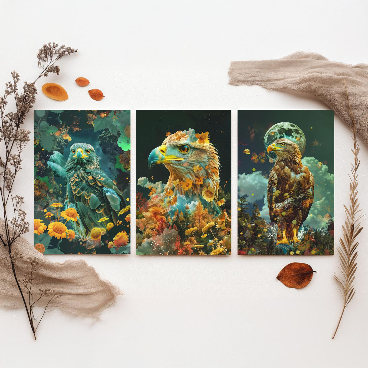 Eagle Set of Three Art Prints - 3 Double Exposure Bird Posters - Surreal Floral Sky Nature Wall Art Gift Painting Decor