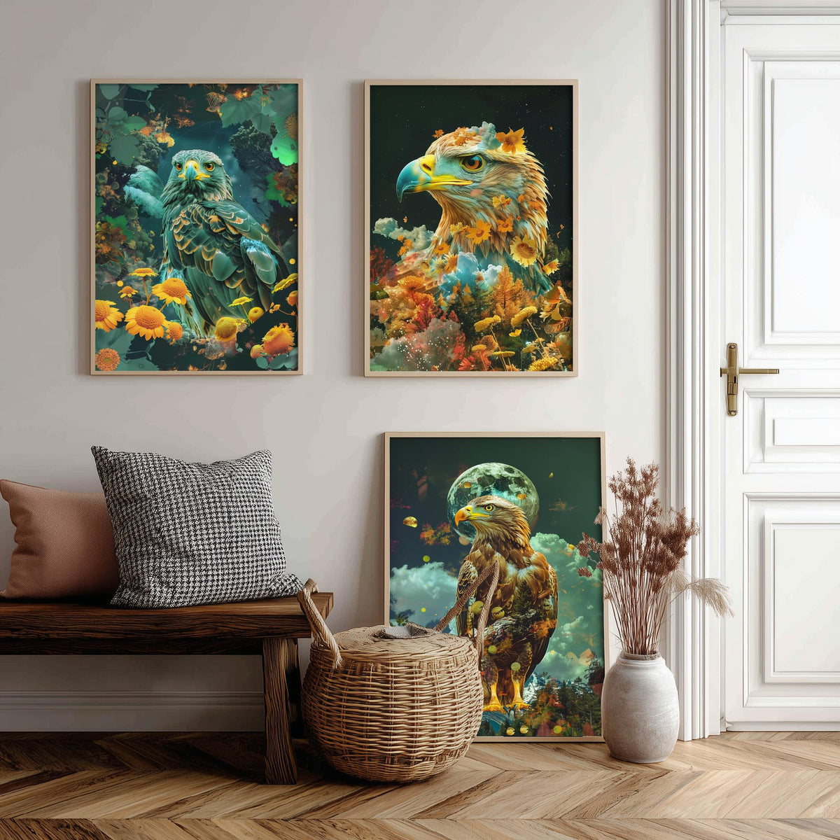 Eagle Set of Three Art Prints - 3 Double Exposure Bird Posters - Surreal Floral Sky Nature Wall Art Gift Painting Decor