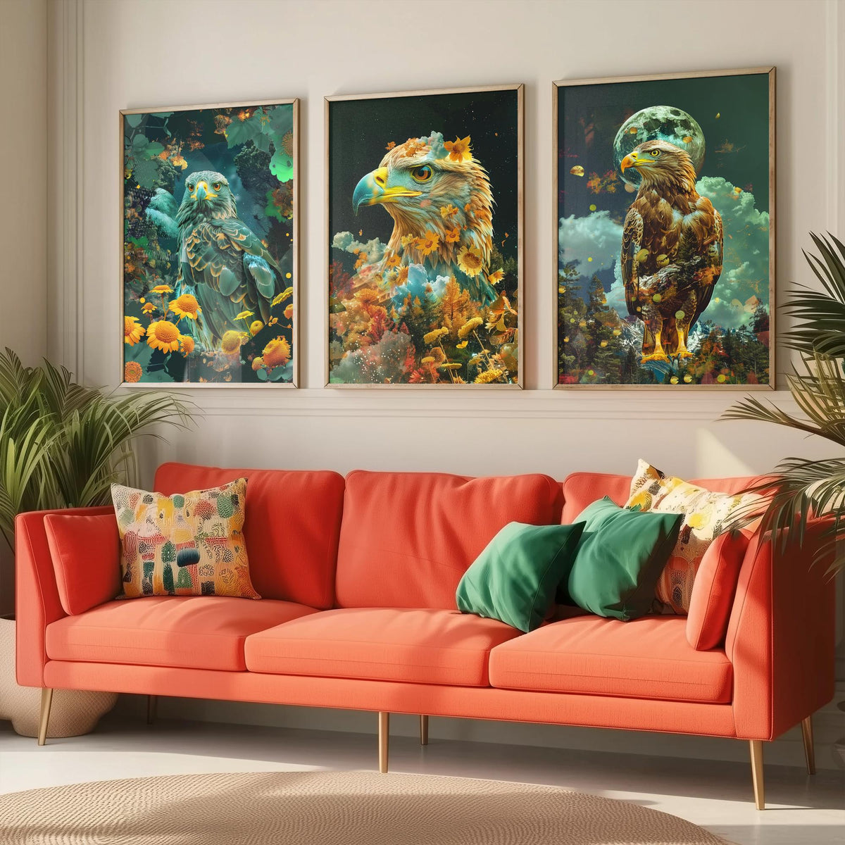 Eagle Set of Three Art Prints - 3 Double Exposure Bird Posters - Surreal Floral Sky Nature Wall Art Gift Painting Decor