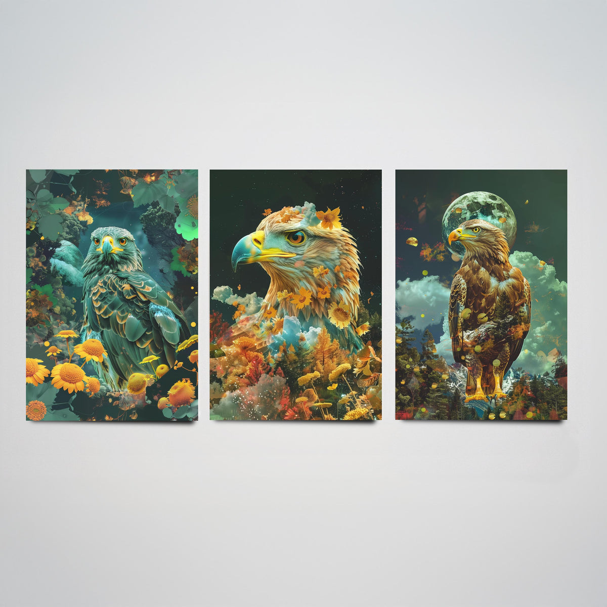 Eagle Set of Three Art Prints - 3 Double Exposure Bird Posters - Surreal Floral Sky Nature Wall Art Gift Painting Decor