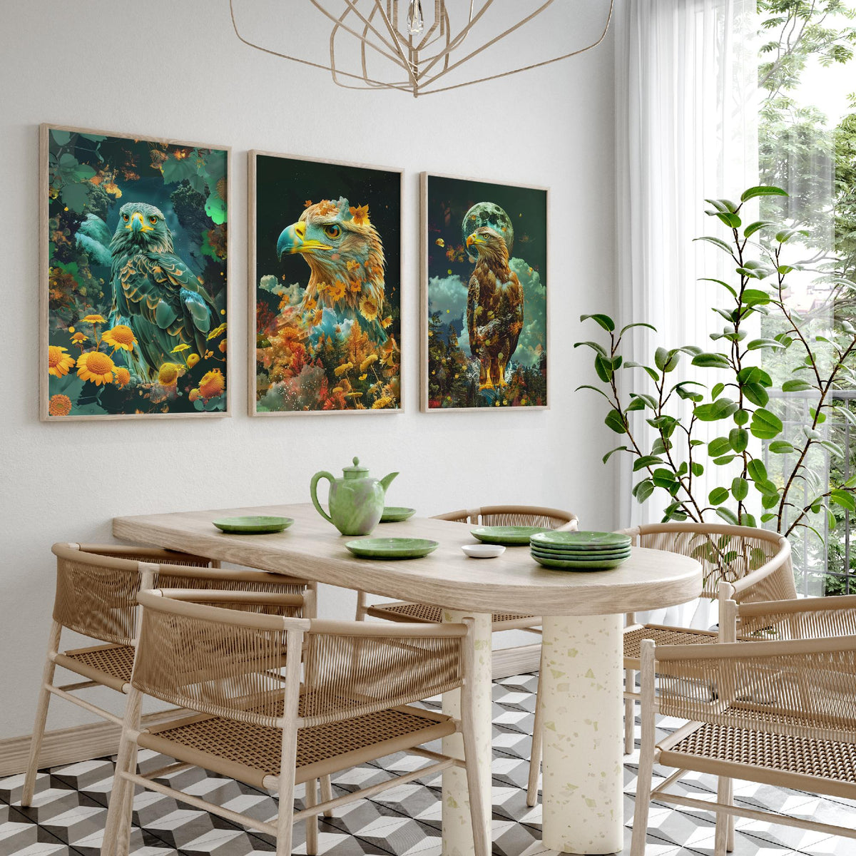 Eagle Set of Three Art Prints - 3 Double Exposure Bird Posters - Surreal Floral Sky Nature Wall Art Gift Painting Decor