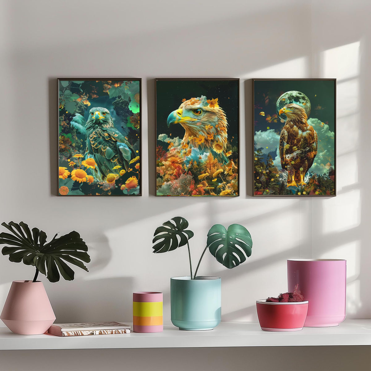 Eagle Set of Three Art Prints - 3 Double Exposure Bird Posters - Surreal Floral Sky Nature Wall Art Gift Painting Decor