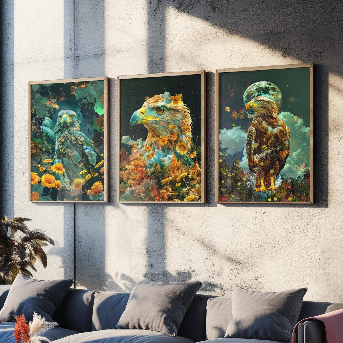 Eagle Set of Three Art Prints - 3 Double Exposure Bird Posters - Surreal Floral Sky Nature Wall Art Gift Painting Decor