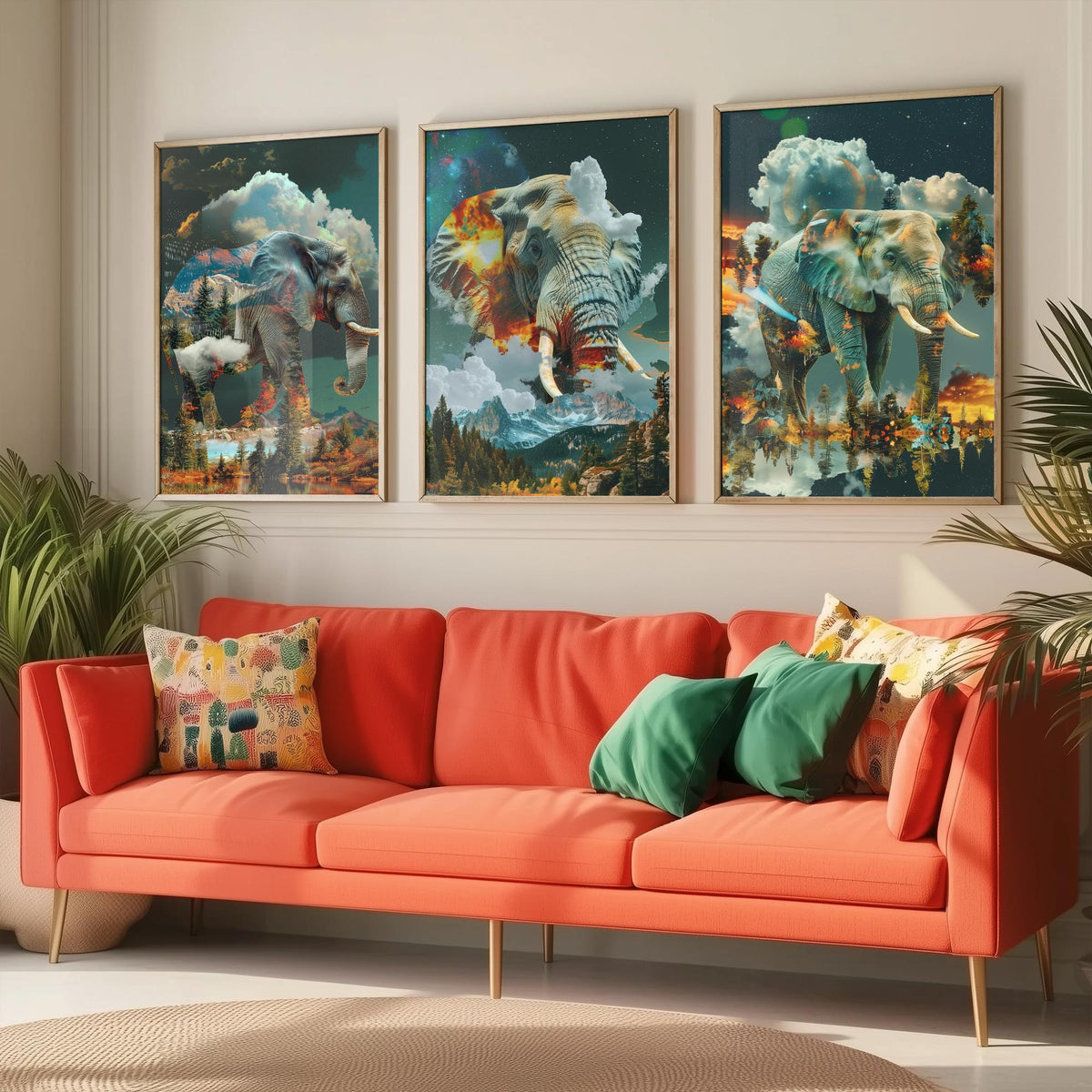 Elephant Set of Three Art Prints - 3 Double Exposure Safari Posters - Surreal Mountain Cloud Nature Wall Art Gift Painting