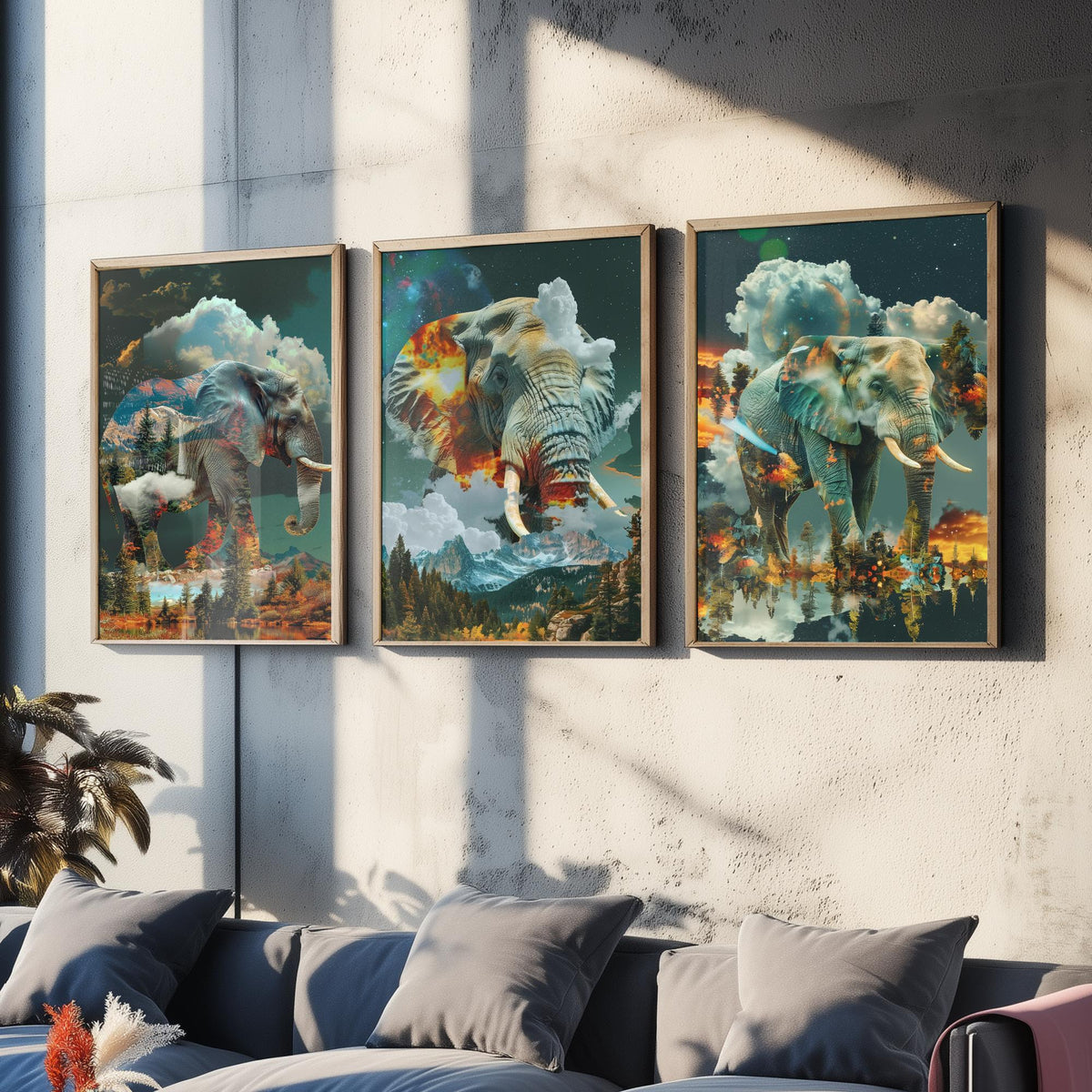 Elephant Set of Three Art Prints - 3 Double Exposure Safari Posters - Surreal Mountain Cloud Nature Wall Art Gift Painting