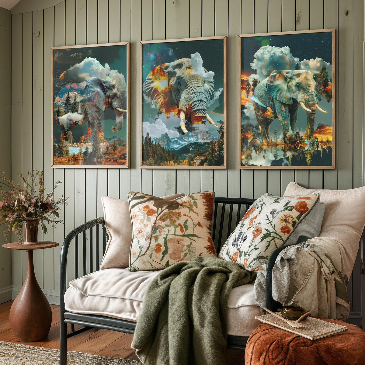 Elephant Set of Three Art Prints - 3 Double Exposure Safari Posters - Surreal Mountain Cloud Nature Wall Art Gift Painting