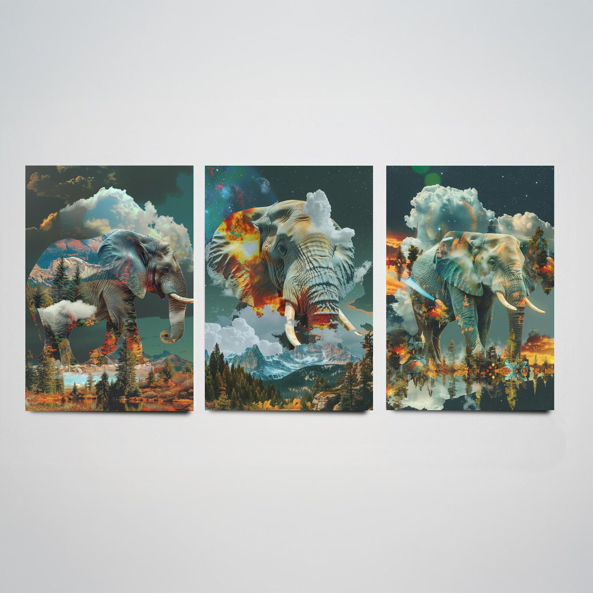 Elephant Set of Three Art Prints - 3 Double Exposure Safari Posters - Surreal Mountain Cloud Nature Wall Art Gift Painting