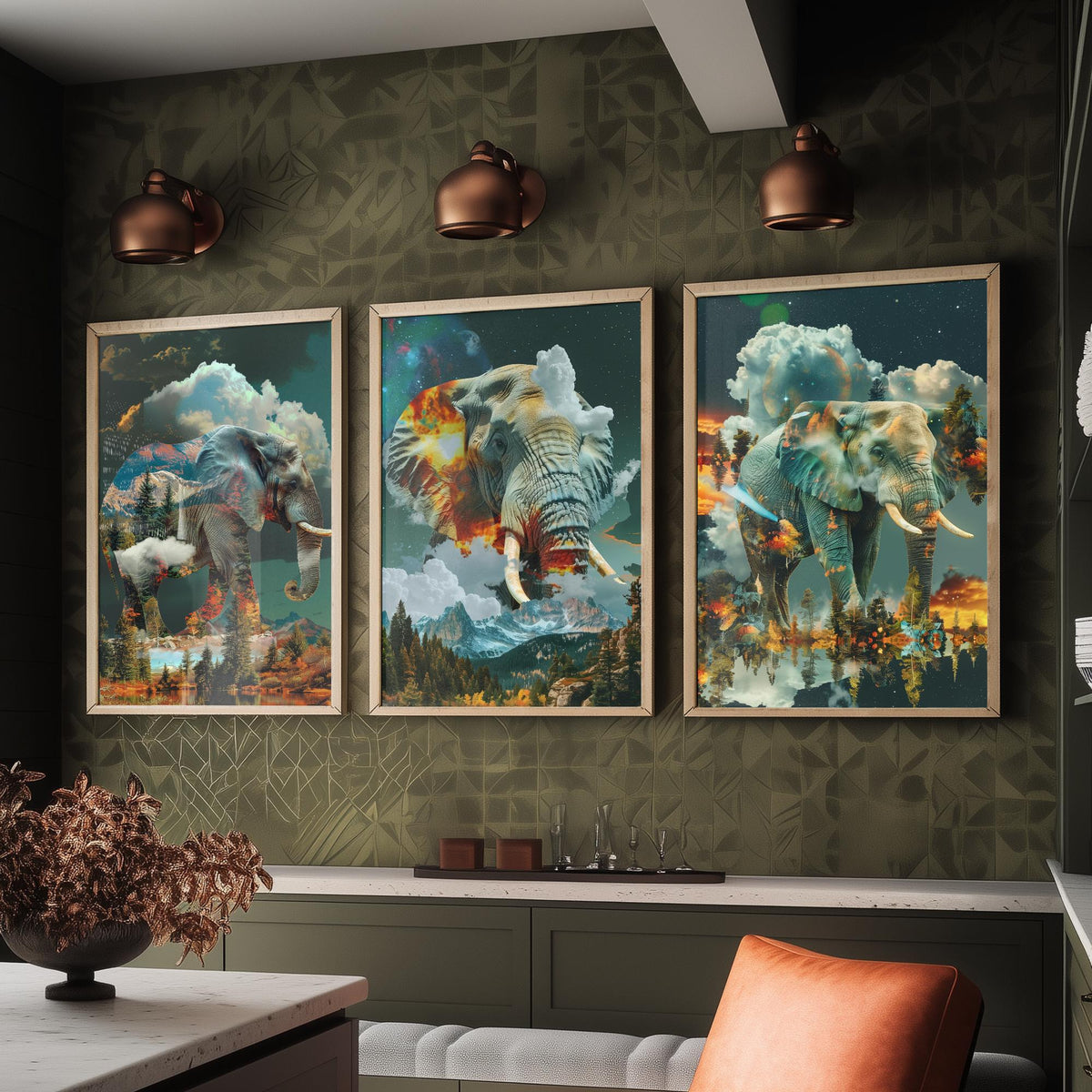 Elephant Set of Three Art Prints - 3 Double Exposure Safari Posters - Surreal Mountain Cloud Nature Wall Art Gift Painting