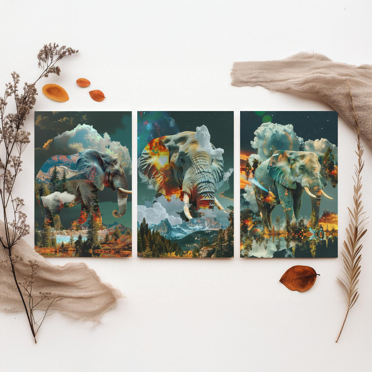 Elephant Set of Three Art Prints - 3 Double Exposure Safari Posters - Surreal Mountain Cloud Nature Wall Art Gift Painting