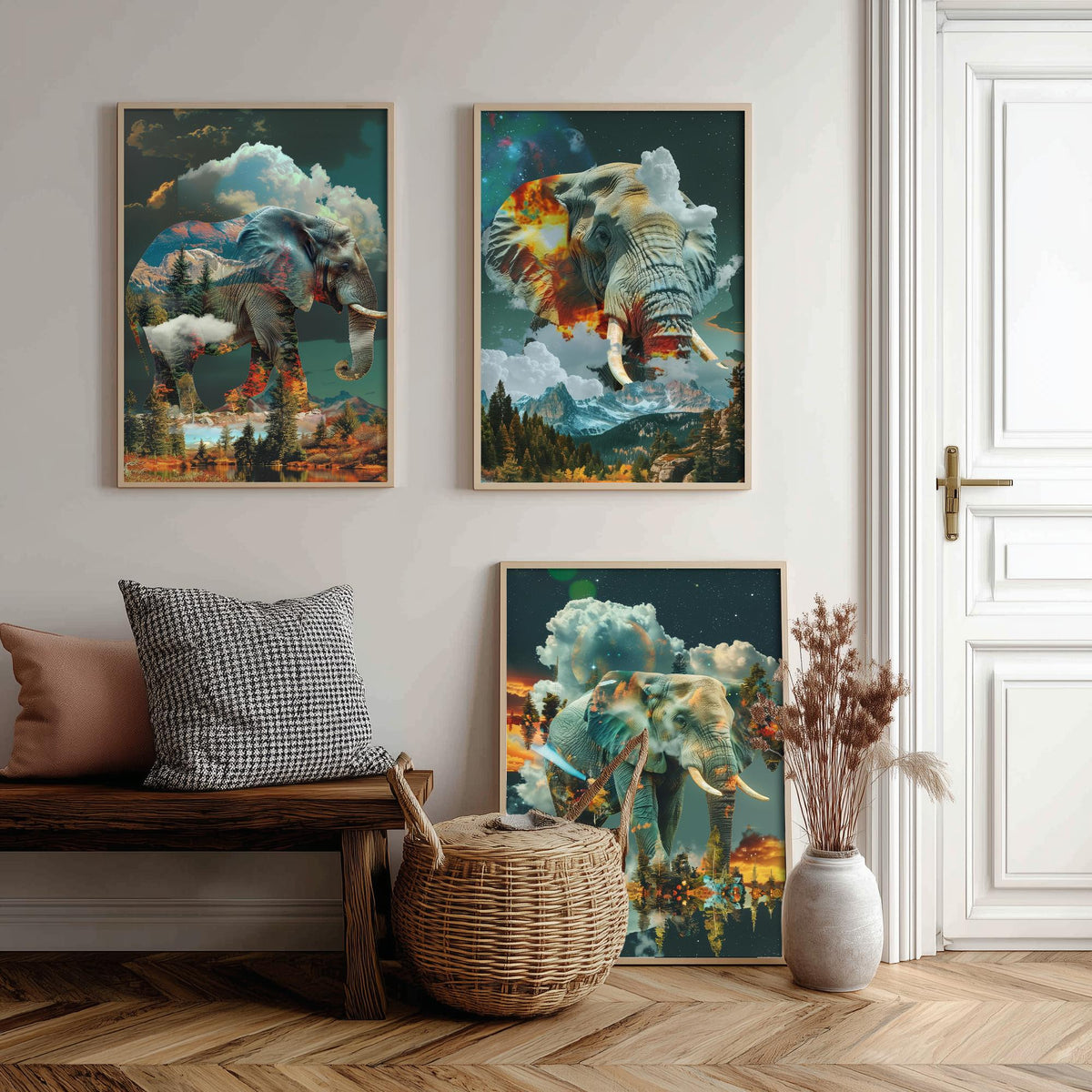 Elephant Set of Three Art Prints - 3 Double Exposure Safari Posters - Surreal Mountain Cloud Nature Wall Art Gift Painting