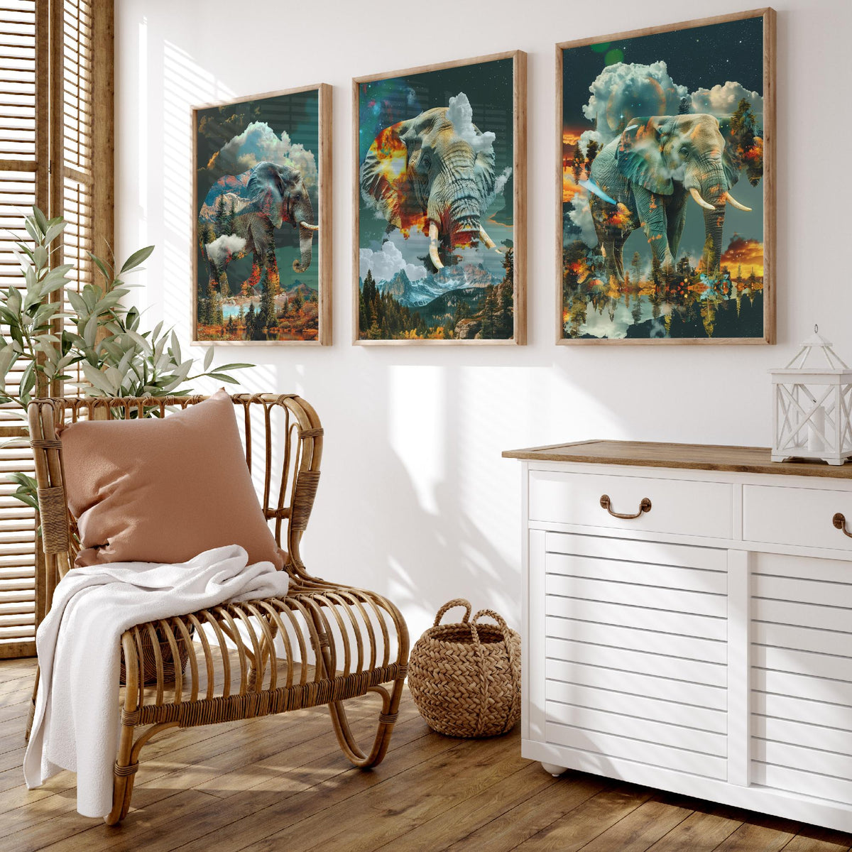Elephant Set of Three Art Prints - 3 Double Exposure Safari Posters - Surreal Mountain Cloud Nature Wall Art Gift Painting