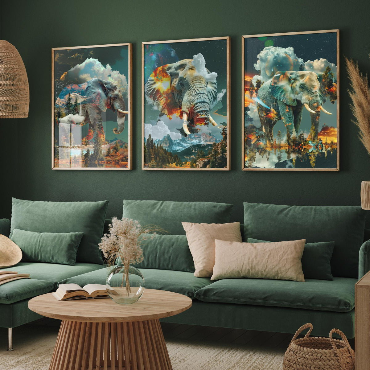 Elephant Set of Three Art Prints - 3 Double Exposure Safari Posters - Surreal Mountain Cloud Nature Wall Art Gift Painting