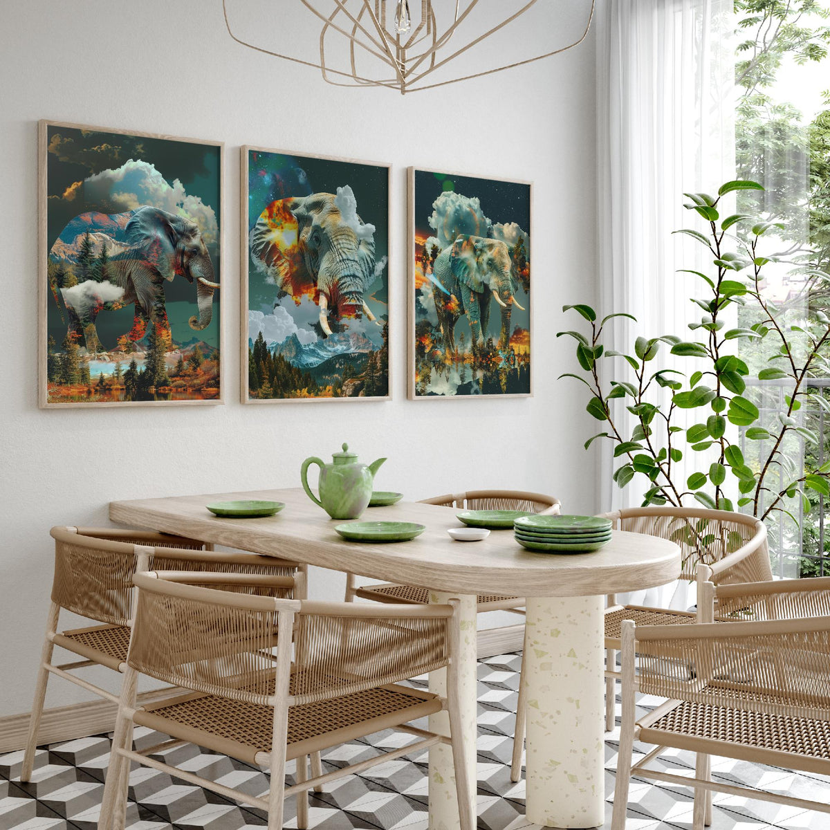 Elephant Set of Three Art Prints - 3 Double Exposure Safari Posters - Surreal Mountain Cloud Nature Wall Art Gift Painting