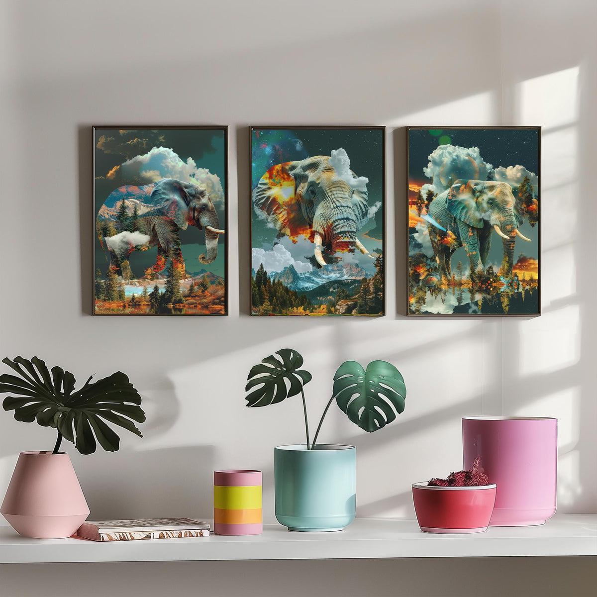 Elephant Set of Three Art Prints - 3 Double Exposure Safari Posters - Surreal Mountain Cloud Nature Wall Art Gift Painting