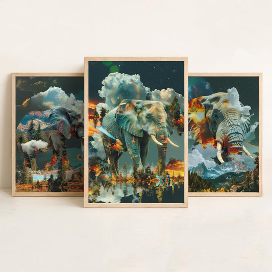 Elephant Set of Three Art Prints - 3 Double Exposure Safari Posters - Surreal Mountain Cloud Nature Wall Art Gift Painting