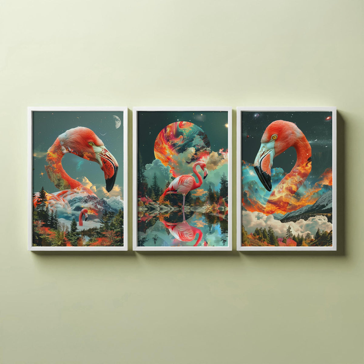 Flamingo Set of Three Art Prints - 3 Double Exposure Bird Posters - Surreal Forest Cosmic Nature Wall Art Gift Painting Pink