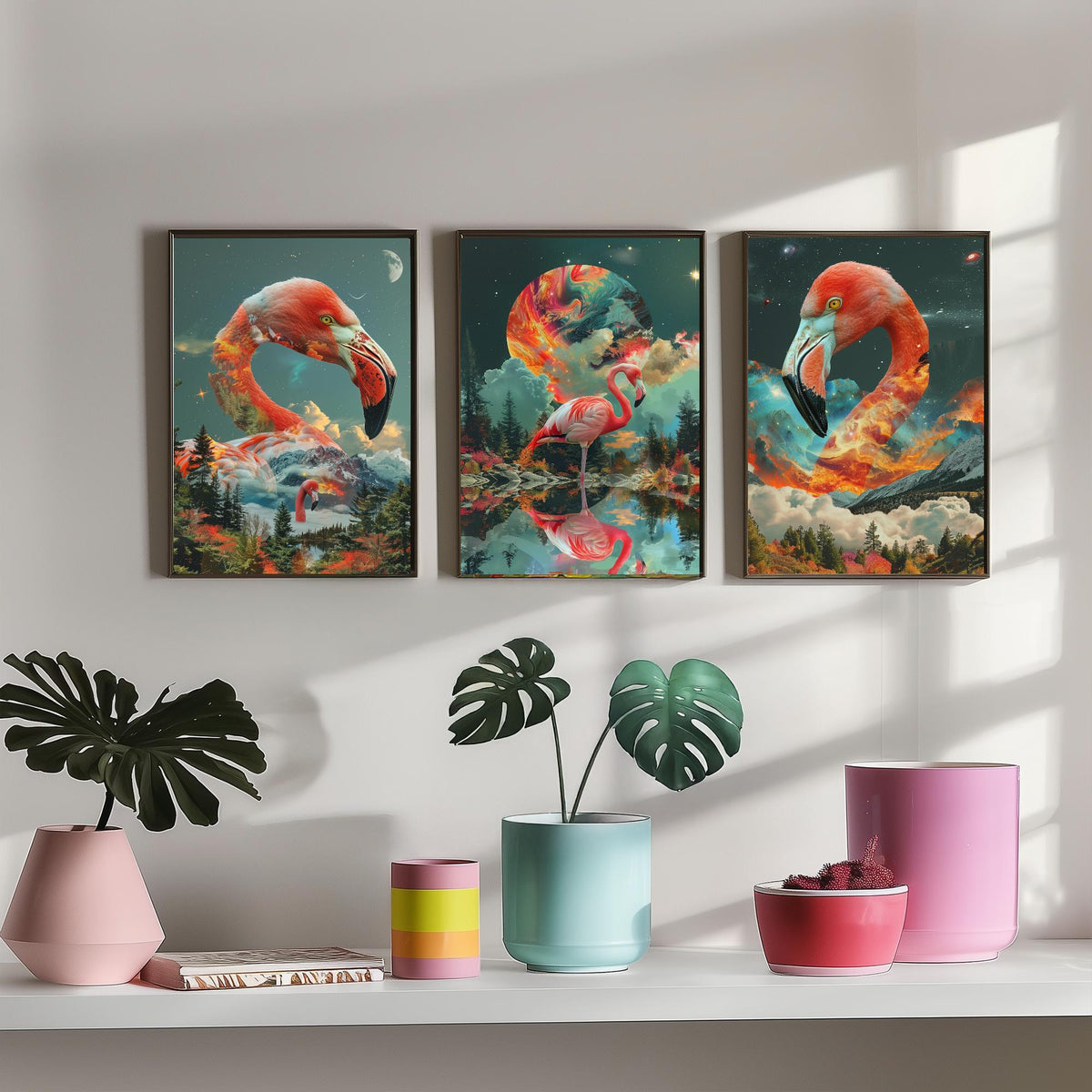 Flamingo Set of Three Art Prints - 3 Double Exposure Bird Posters - Surreal Forest Cosmic Nature Wall Art Gift Painting Pink
