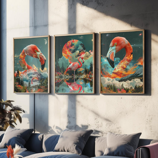 Flamingo Set of Three Art Prints - 3 Double Exposure Bird Posters - Surreal Forest Cosmic Nature Wall Art Gift Painting Pink