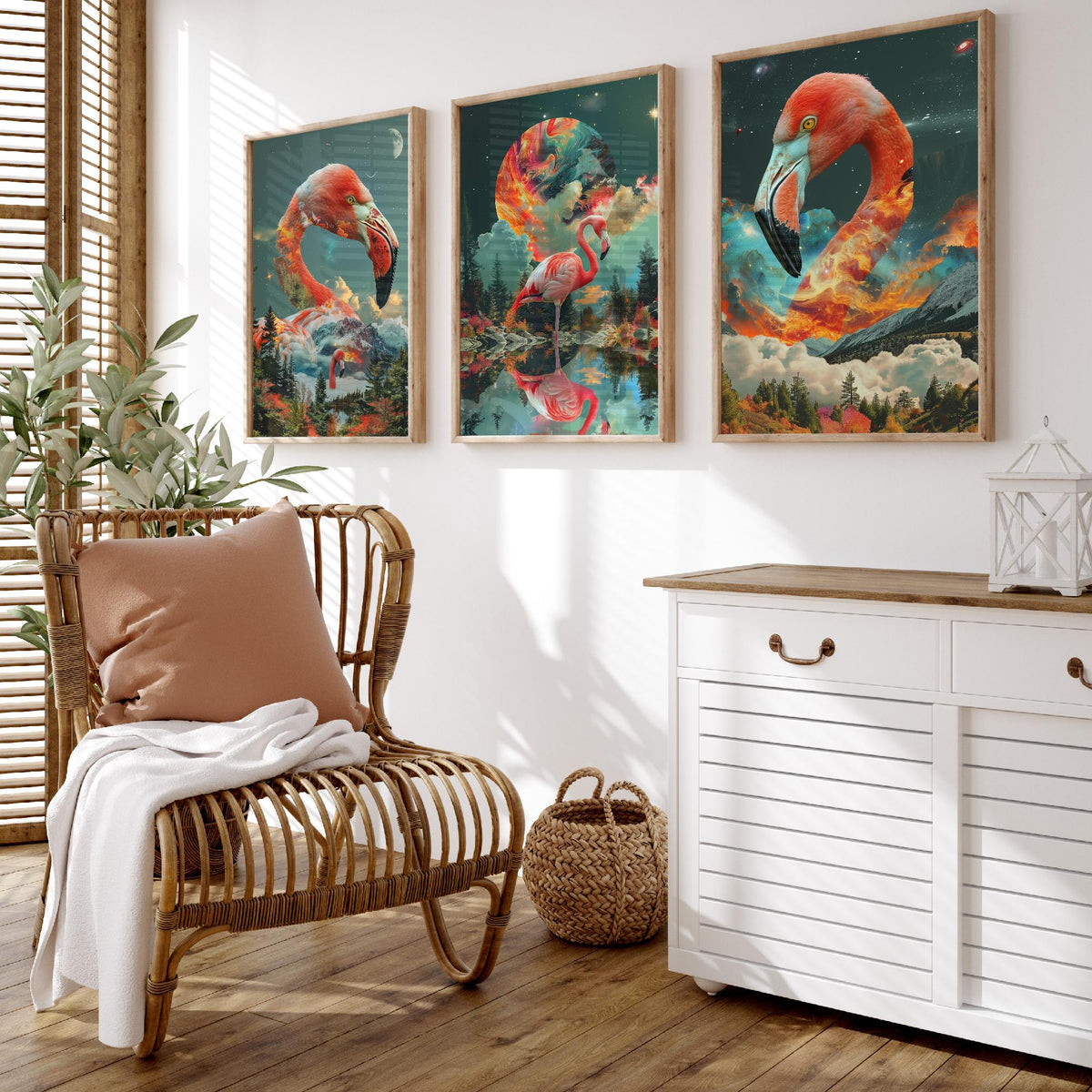 Flamingo Set of Three Art Prints - 3 Double Exposure Bird Posters - Surreal Forest Cosmic Nature Wall Art Gift Painting Pink