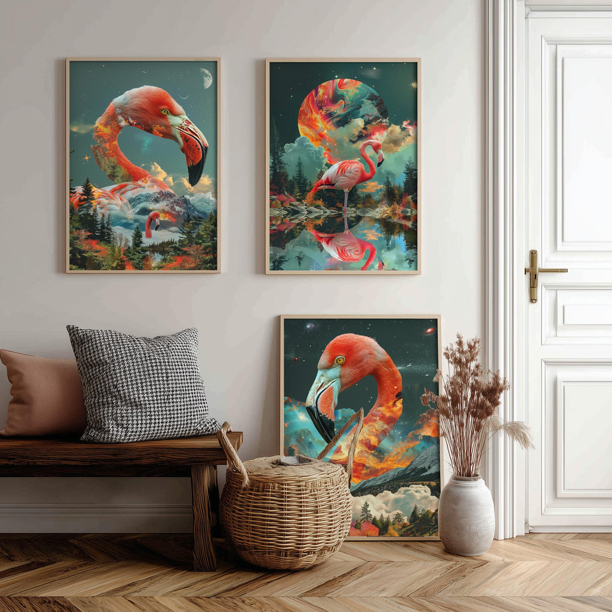 Flamingo Set of Three Art Prints - 3 Double Exposure Bird Posters - Surreal Forest Cosmic Nature Wall Art Gift Painting Pink
