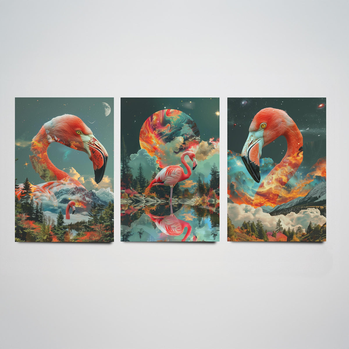 Flamingo Set of Three Art Prints - 3 Double Exposure Bird Posters - Surreal Forest Cosmic Nature Wall Art Gift Painting Pink