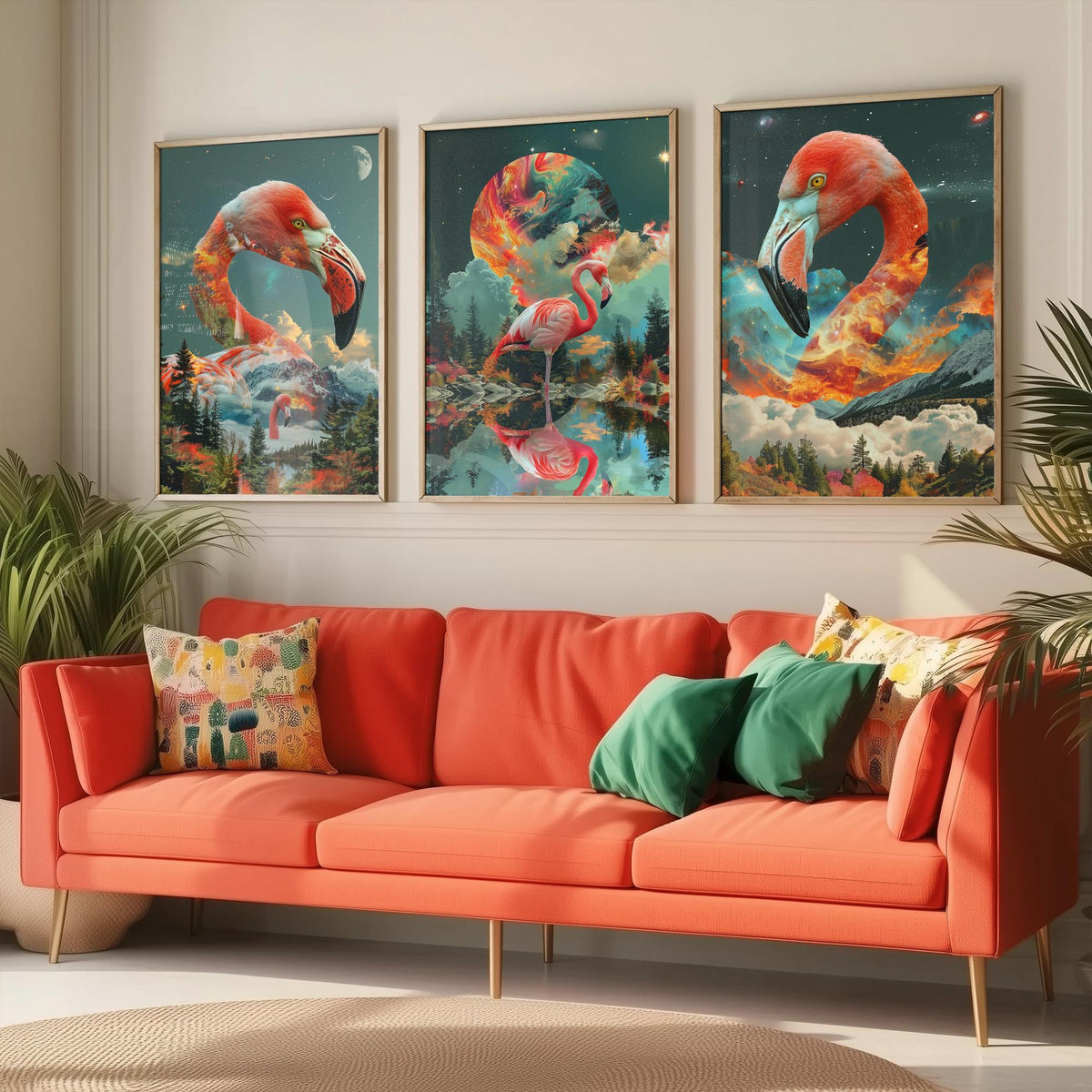 Flamingo Set of Three Art Prints - 3 Double Exposure Bird Posters - Surreal Forest Cosmic Nature Wall Art Gift Painting Pink