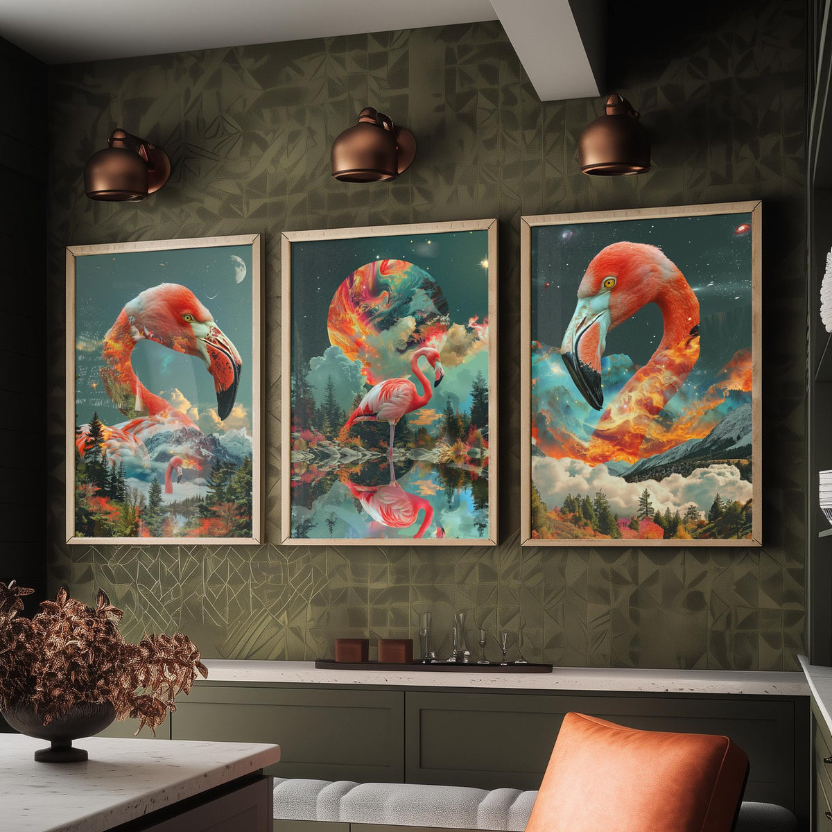Flamingo Set of Three Art Prints - 3 Double Exposure Bird Posters - Surreal Forest Cosmic Nature Wall Art Gift Painting Pink