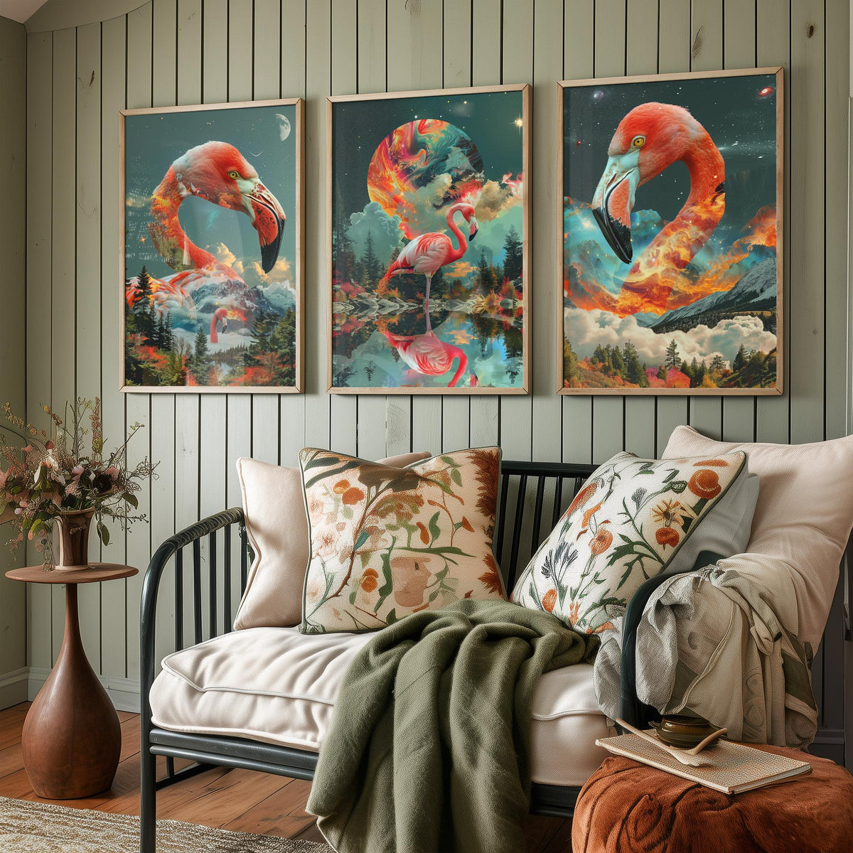 Flamingo Set of Three Art Prints - 3 Double Exposure Bird Posters - Surreal Forest Cosmic Nature Wall Art Gift Painting Pink