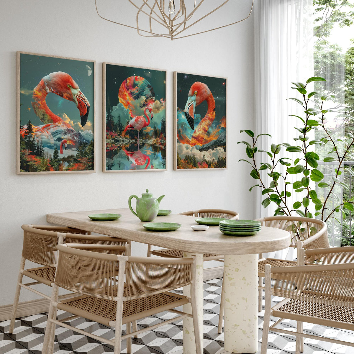 Flamingo Set of Three Art Prints - 3 Double Exposure Bird Posters - Surreal Forest Cosmic Nature Wall Art Gift Painting Pink