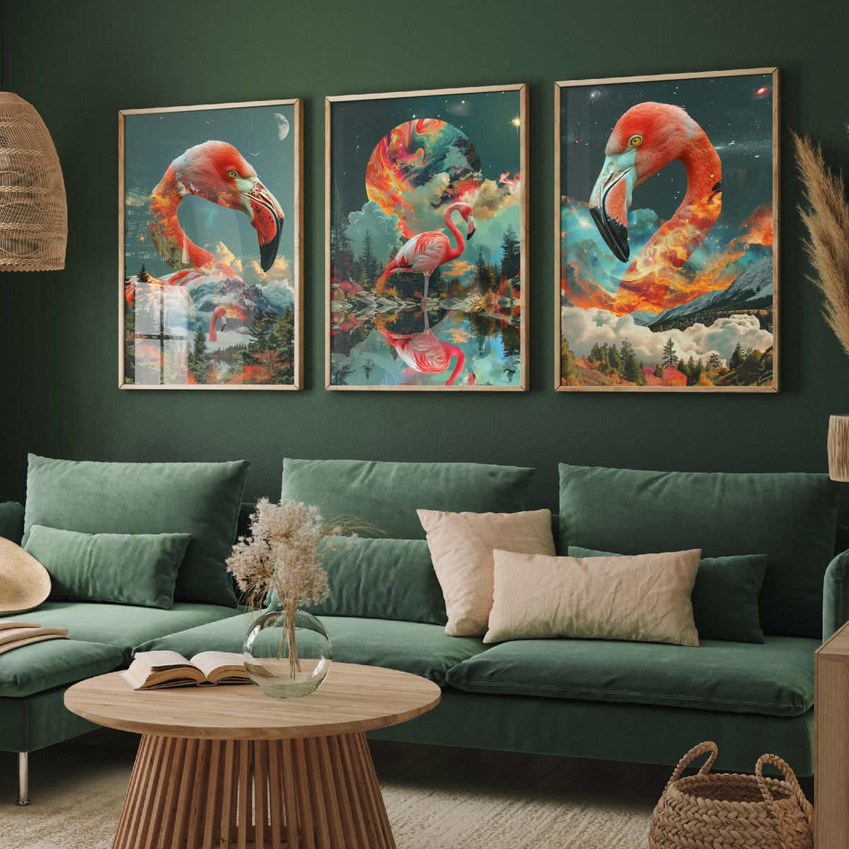 Flamingo Set of Three Art Prints - 3 Double Exposure Bird Posters - Surreal Forest Cosmic Nature Wall Art Gift Painting Pink