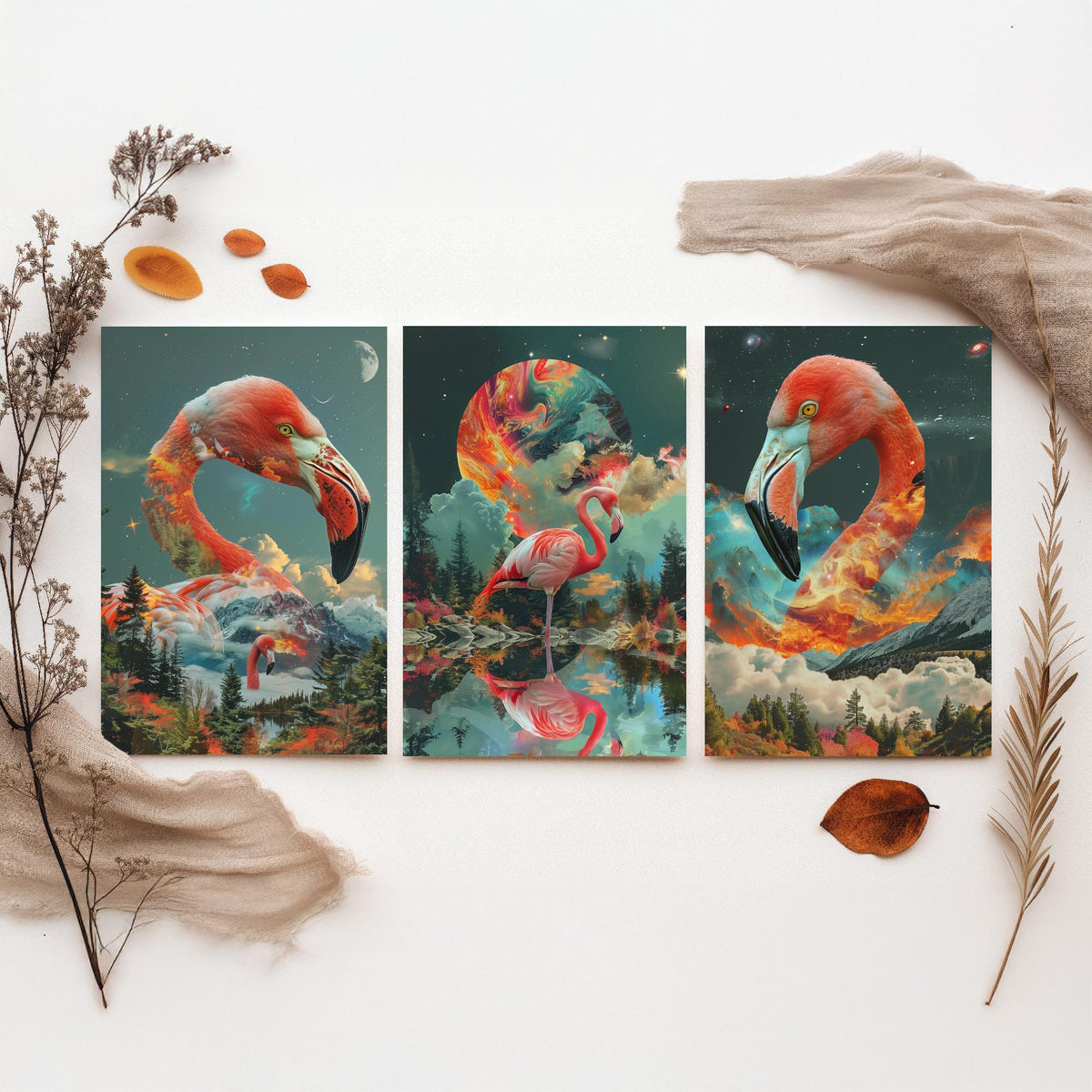 Flamingo Set of Three Art Prints - 3 Double Exposure Bird Posters - Surreal Forest Cosmic Nature Wall Art Gift Painting Pink