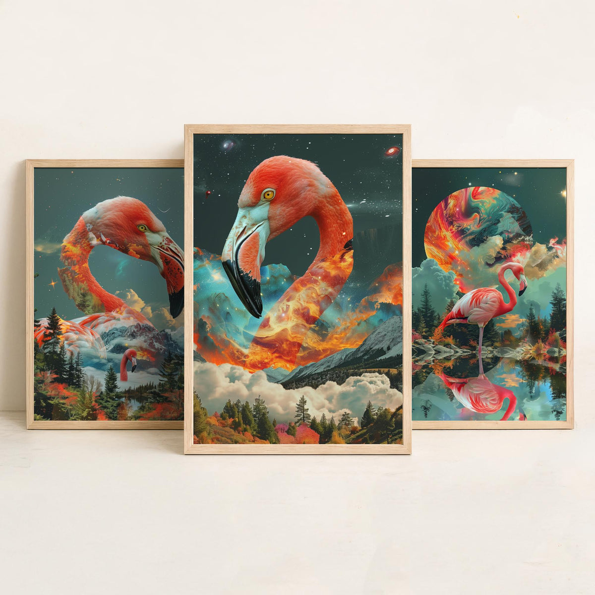 Flamingo Set of Three Art Prints - 3 Double Exposure Bird Posters - Surreal Forest Cosmic Nature Wall Art Gift Painting Pink