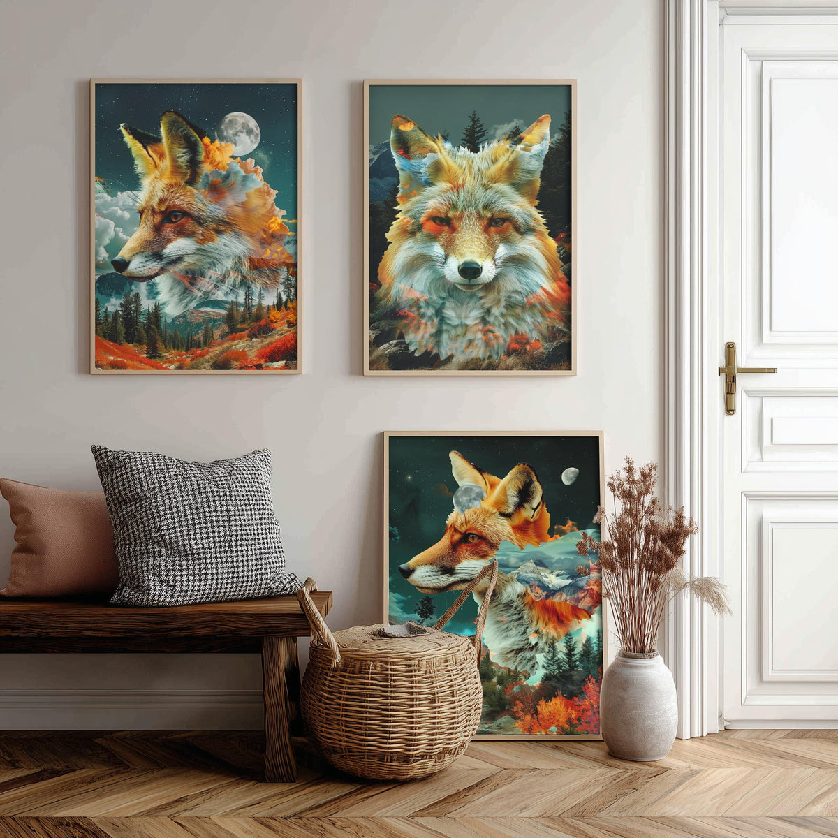 Fox Set of Three Art Prints - 3 Double Exposure Woodland Posters - Autumn Forest Surreal Nature Wall Art Gift Painting Decor