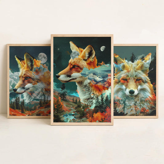 Fox Set of Three Art Prints - 3 Double Exposure Woodland Posters - Autumn Forest Surreal Nature Wall Art Gift Painting Decor