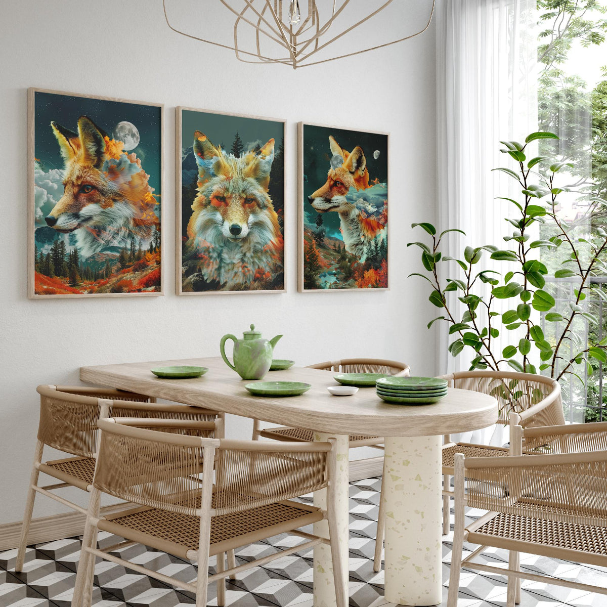 Fox Set of Three Art Prints - 3 Double Exposure Woodland Posters - Autumn Forest Surreal Nature Wall Art Gift Painting Decor