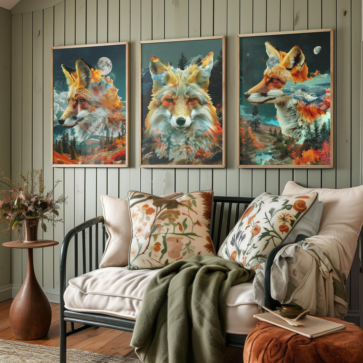Fox Set of Three Art Prints - 3 Double Exposure Woodland Posters - Autumn Forest Surreal Nature Wall Art Gift Painting Decor