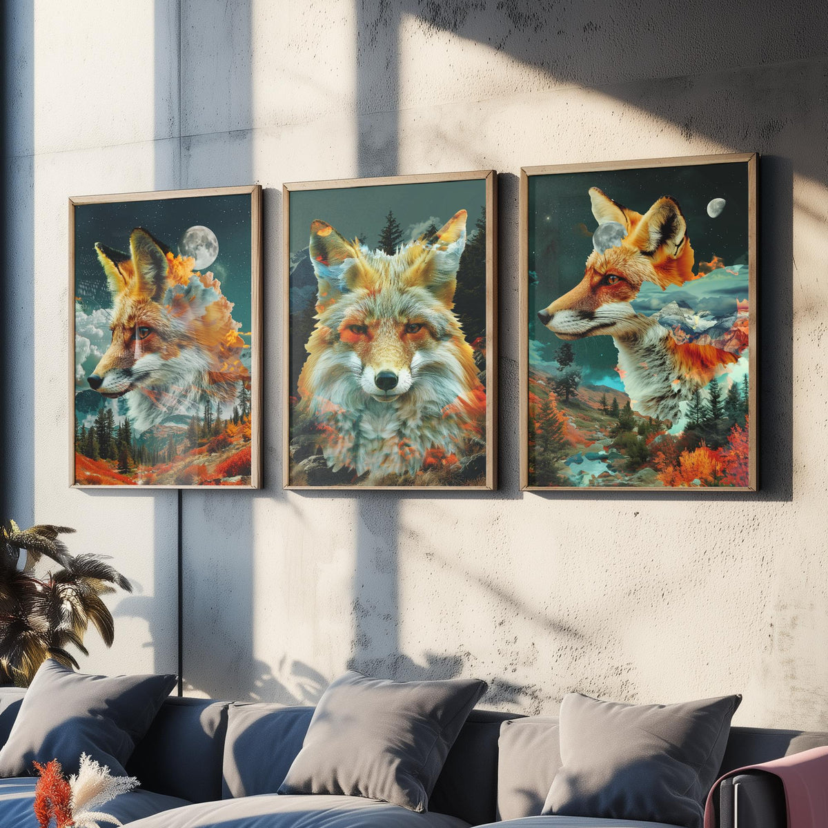 Fox Set of Three Art Prints - 3 Double Exposure Woodland Posters - Autumn Forest Surreal Nature Wall Art Gift Painting Decor