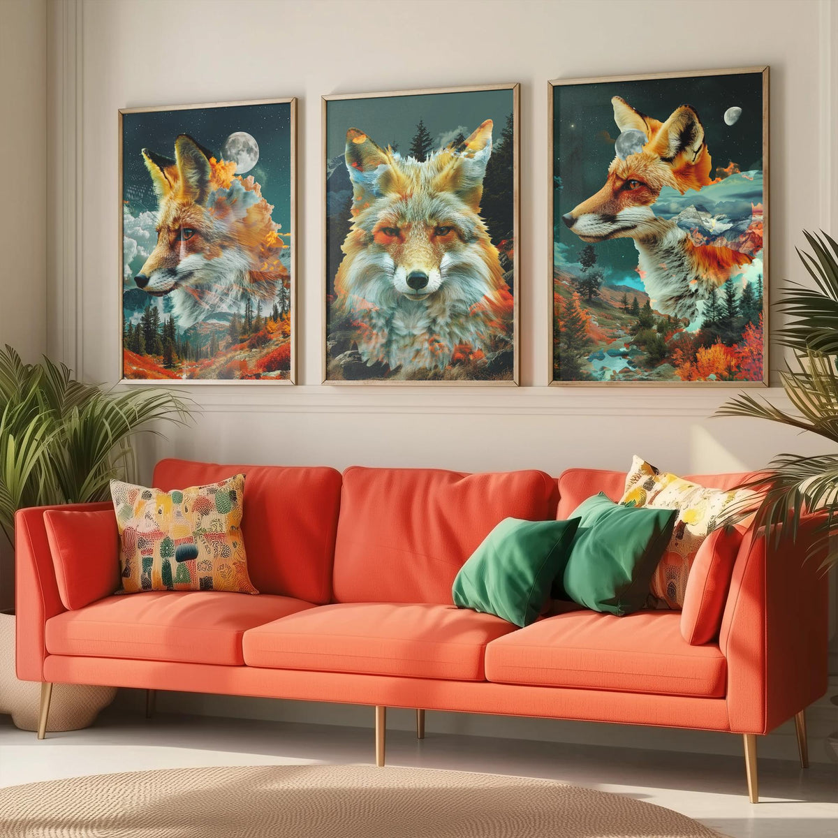 Fox Set of Three Art Prints - 3 Double Exposure Woodland Posters - Autumn Forest Surreal Nature Wall Art Gift Painting Decor