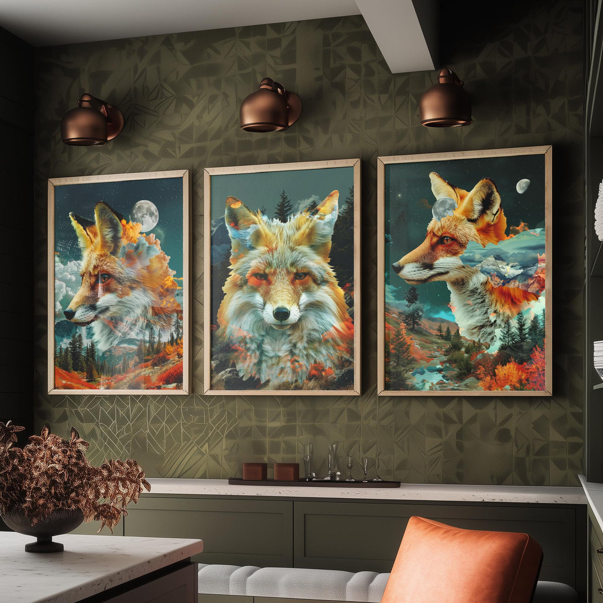 Fox Set of Three Art Prints - 3 Double Exposure Woodland Posters - Autumn Forest Surreal Nature Wall Art Gift Painting Decor