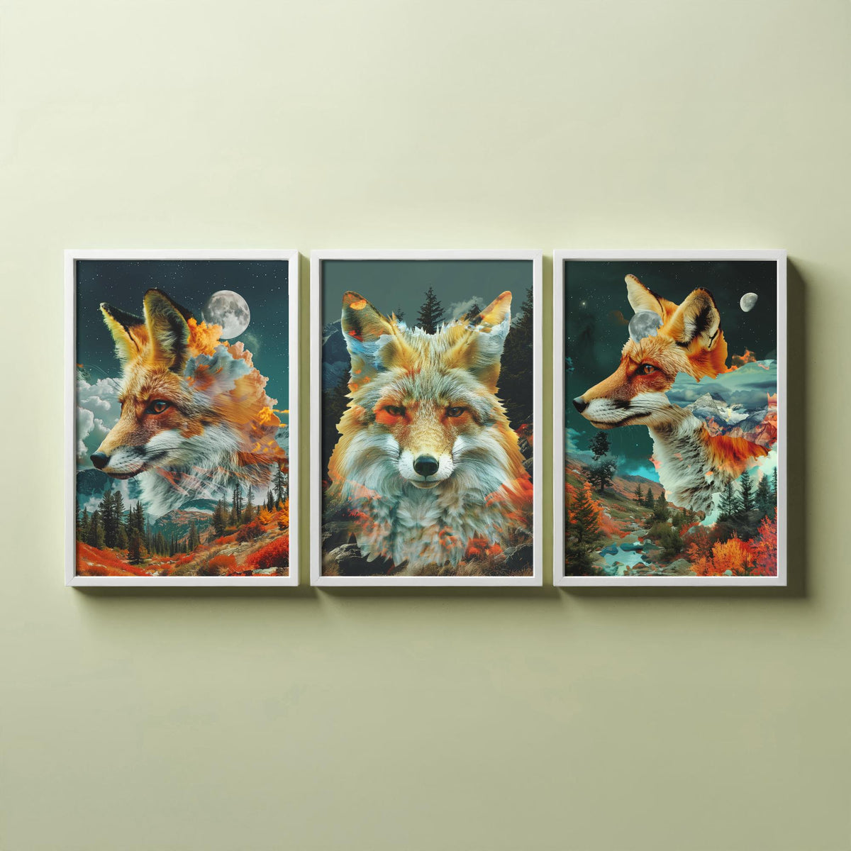 Fox Set of Three Art Prints - 3 Double Exposure Woodland Posters - Autumn Forest Surreal Nature Wall Art Gift Painting Decor