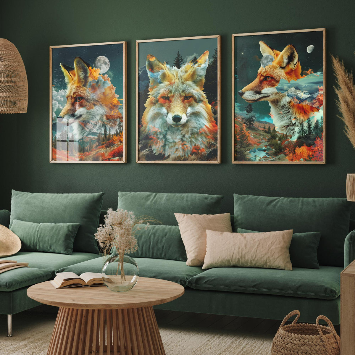 Fox Set of Three Art Prints - 3 Double Exposure Woodland Posters - Autumn Forest Surreal Nature Wall Art Gift Painting Decor