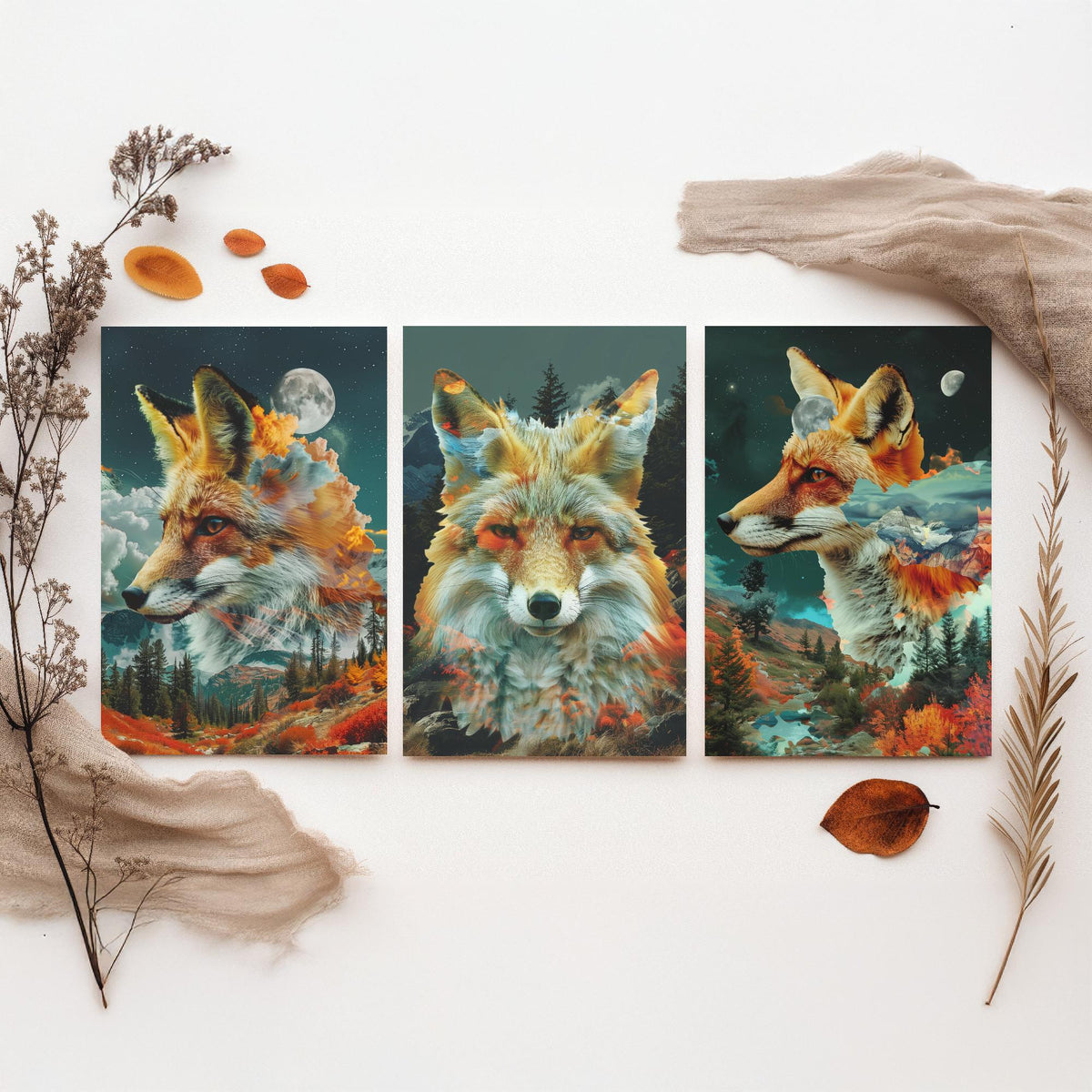 Fox Set of Three Art Prints - 3 Double Exposure Woodland Posters - Autumn Forest Surreal Nature Wall Art Gift Painting Decor