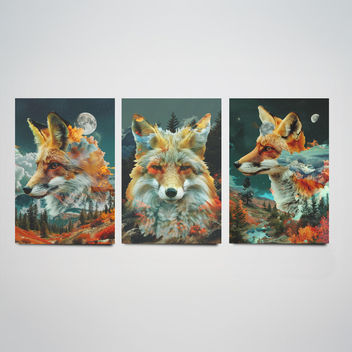 Fox Set of Three Art Prints - 3 Double Exposure Woodland Posters - Autumn Forest Surreal Nature Wall Art Gift Painting Decor