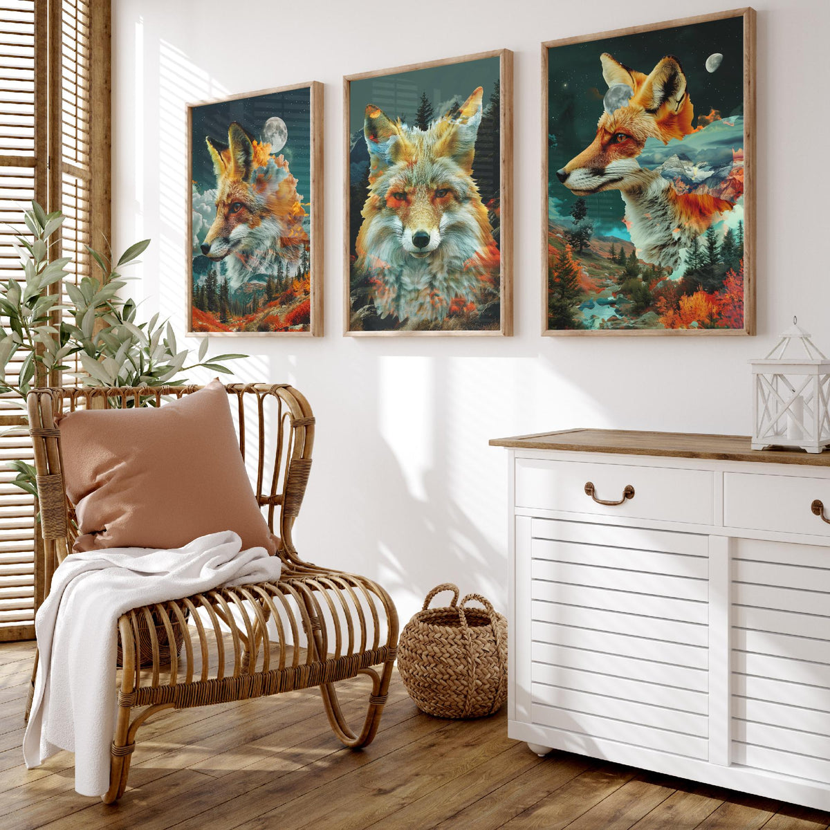 Fox Set of Three Art Prints - 3 Double Exposure Woodland Posters - Autumn Forest Surreal Nature Wall Art Gift Painting Decor