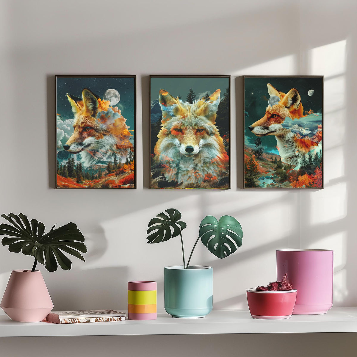 Fox Set of Three Art Prints - 3 Double Exposure Woodland Posters - Autumn Forest Surreal Nature Wall Art Gift Painting Decor