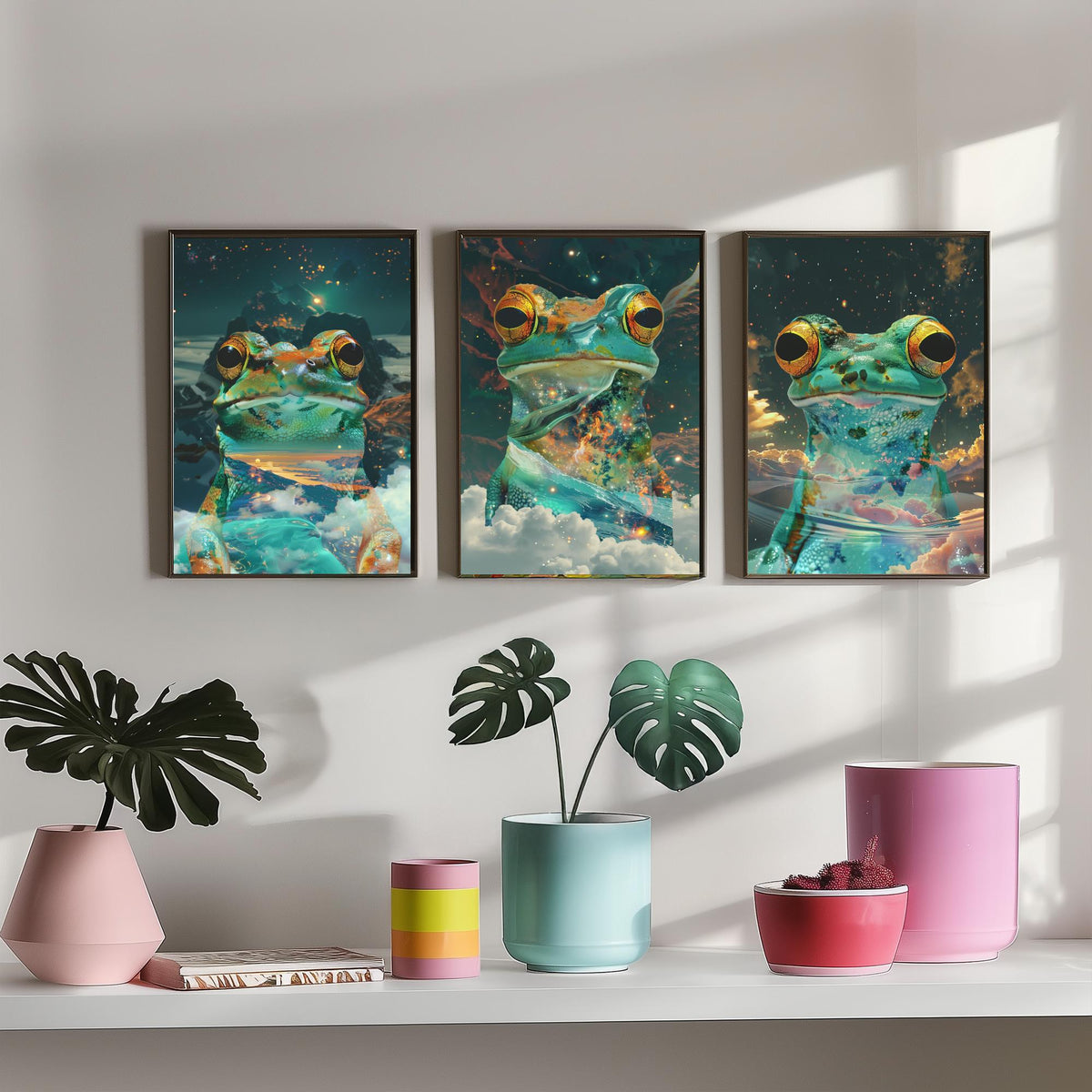 Frog Set of Three Art Prints - 3 Double Exposure Galaxy Posters - Surreal Cosmic Cloud Nature Wall Art Gift Painting Decor