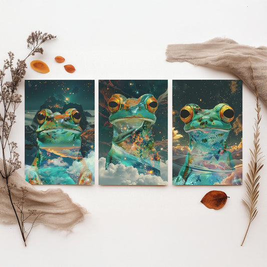 Frog Set of Three Art Prints - 3 Double Exposure Galaxy Posters - Surreal Cosmic Cloud Nature Wall Art Gift Painting Decor