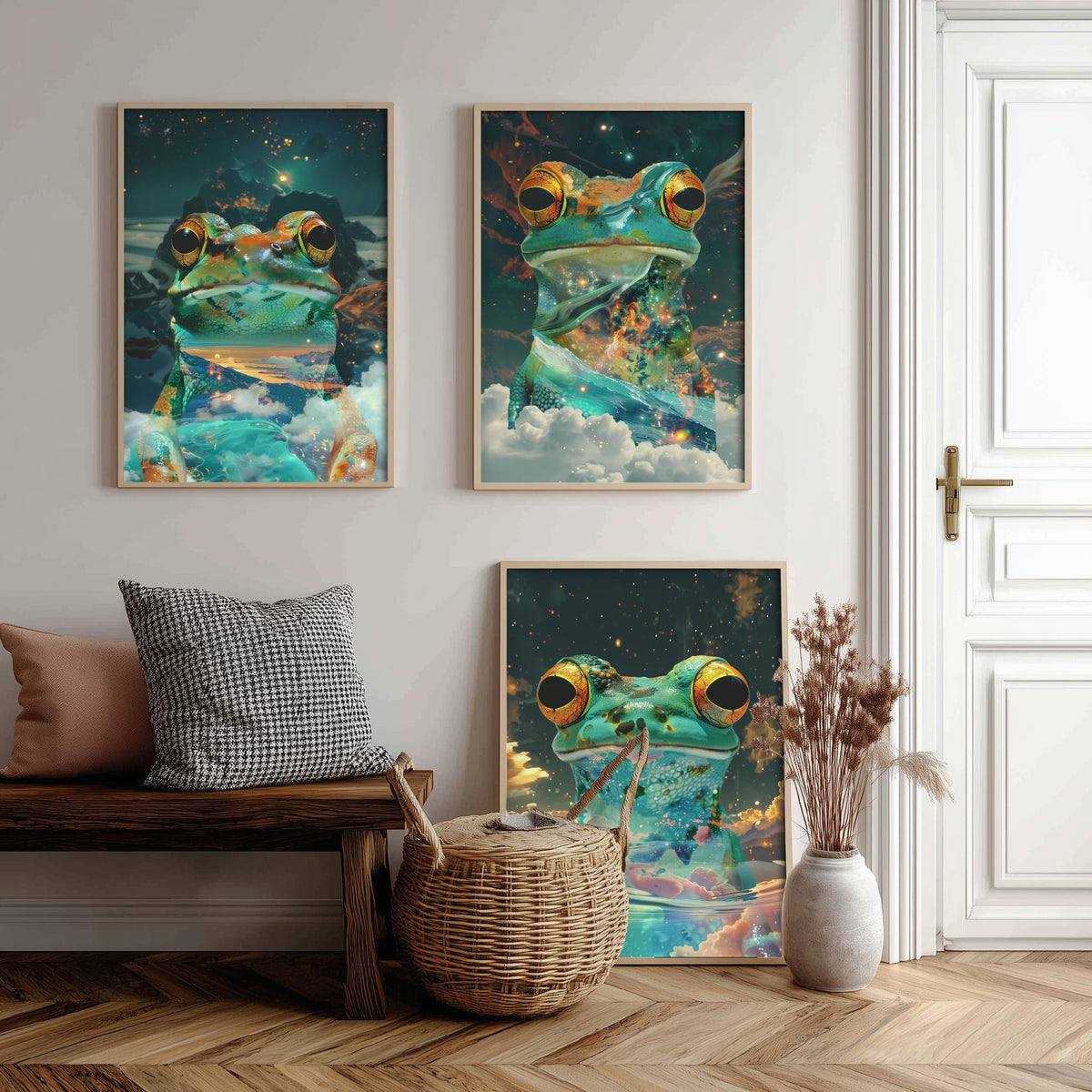 Frog Set of Three Art Prints - 3 Double Exposure Galaxy Posters - Surreal Cosmic Cloud Nature Wall Art Gift Painting Decor