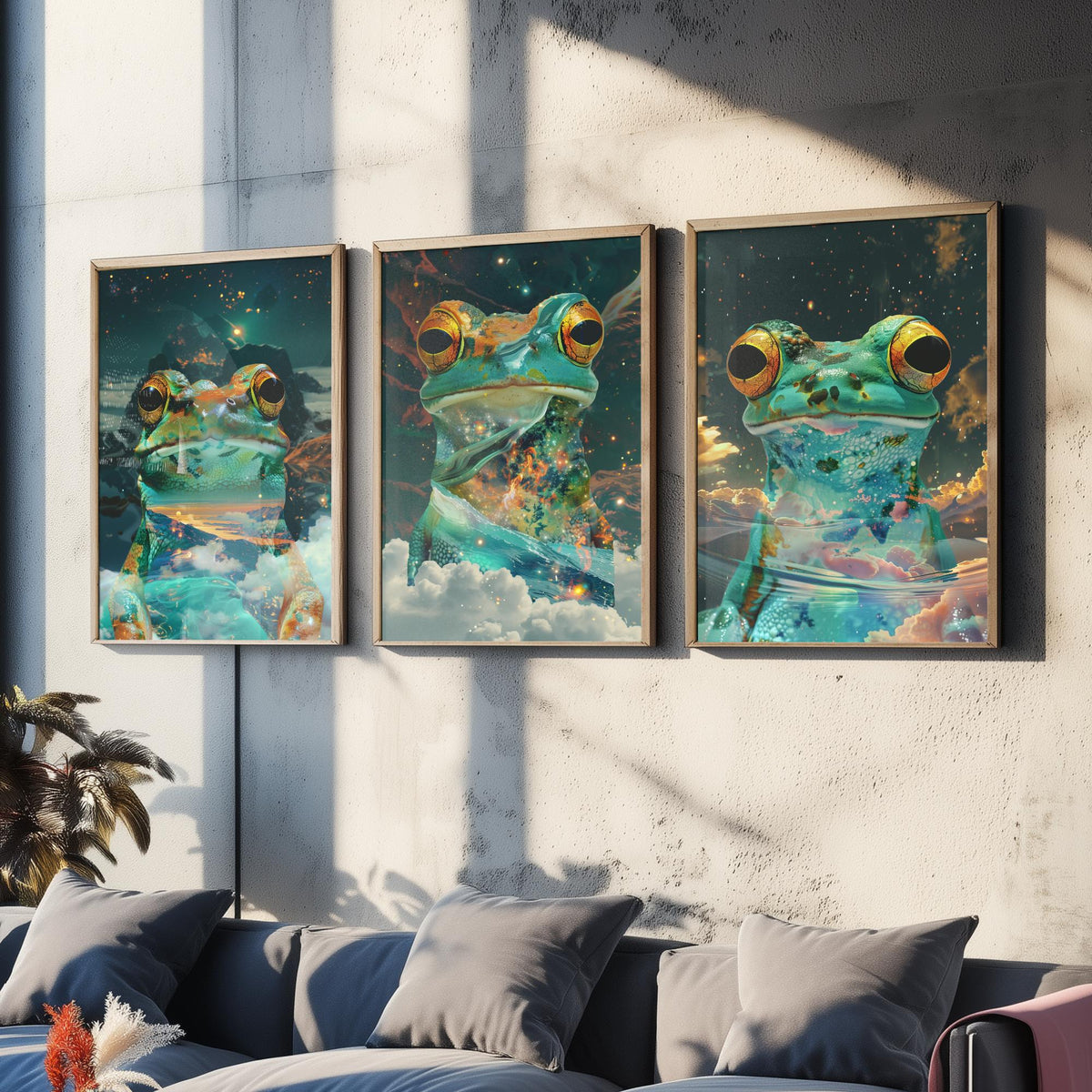 Frog Set of Three Art Prints - 3 Double Exposure Galaxy Posters - Surreal Cosmic Cloud Nature Wall Art Gift Painting Decor